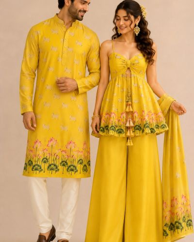 Lotus Print Couple Outfit In Yellow Colour