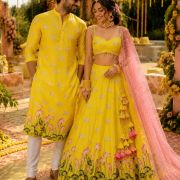 Lotus Print Couple Outfit In Yellow Colour