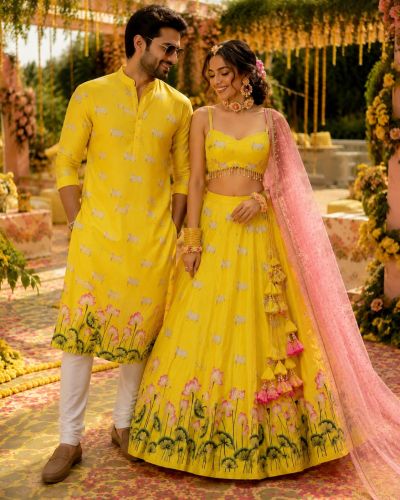 Lotus Print Couple Outfit In Yellow Colour