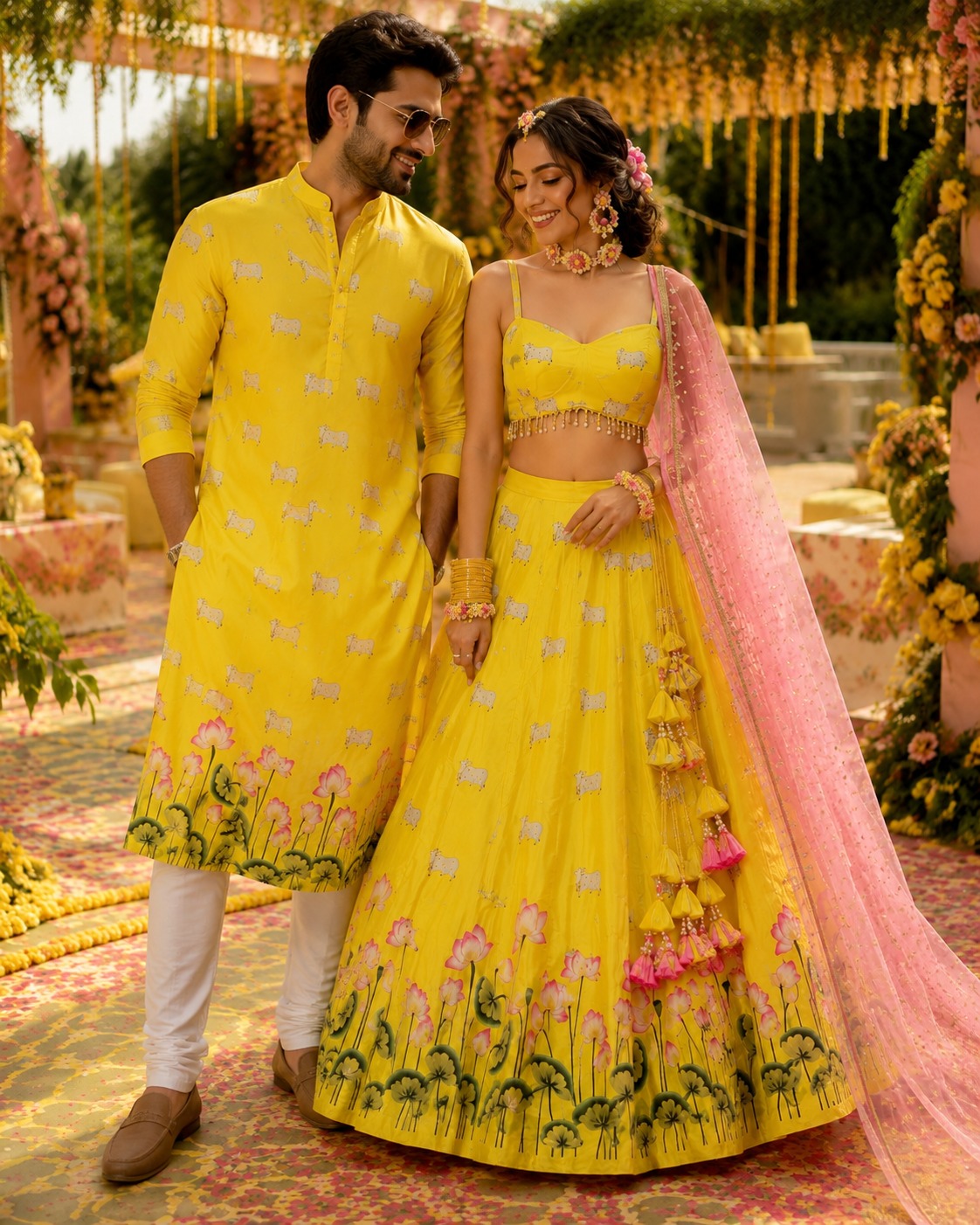 Lotus Print Couple Outfit In Yellow Colour