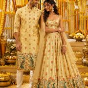 Peacock Print Couple Outfit In Cream Beige Colour