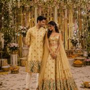 Peacock Print Couple Outfit In Cream Beige Colour