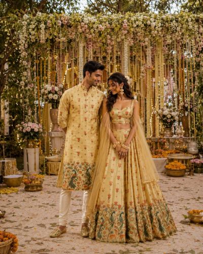Peacock Print Couple Outfit In Cream Beige Colour