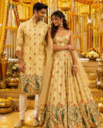 Peacock Print Couple Outfit In Cream Beige Colour