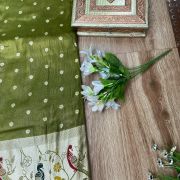 Peacock Printed Silk Lehenga In Olive Green Colour