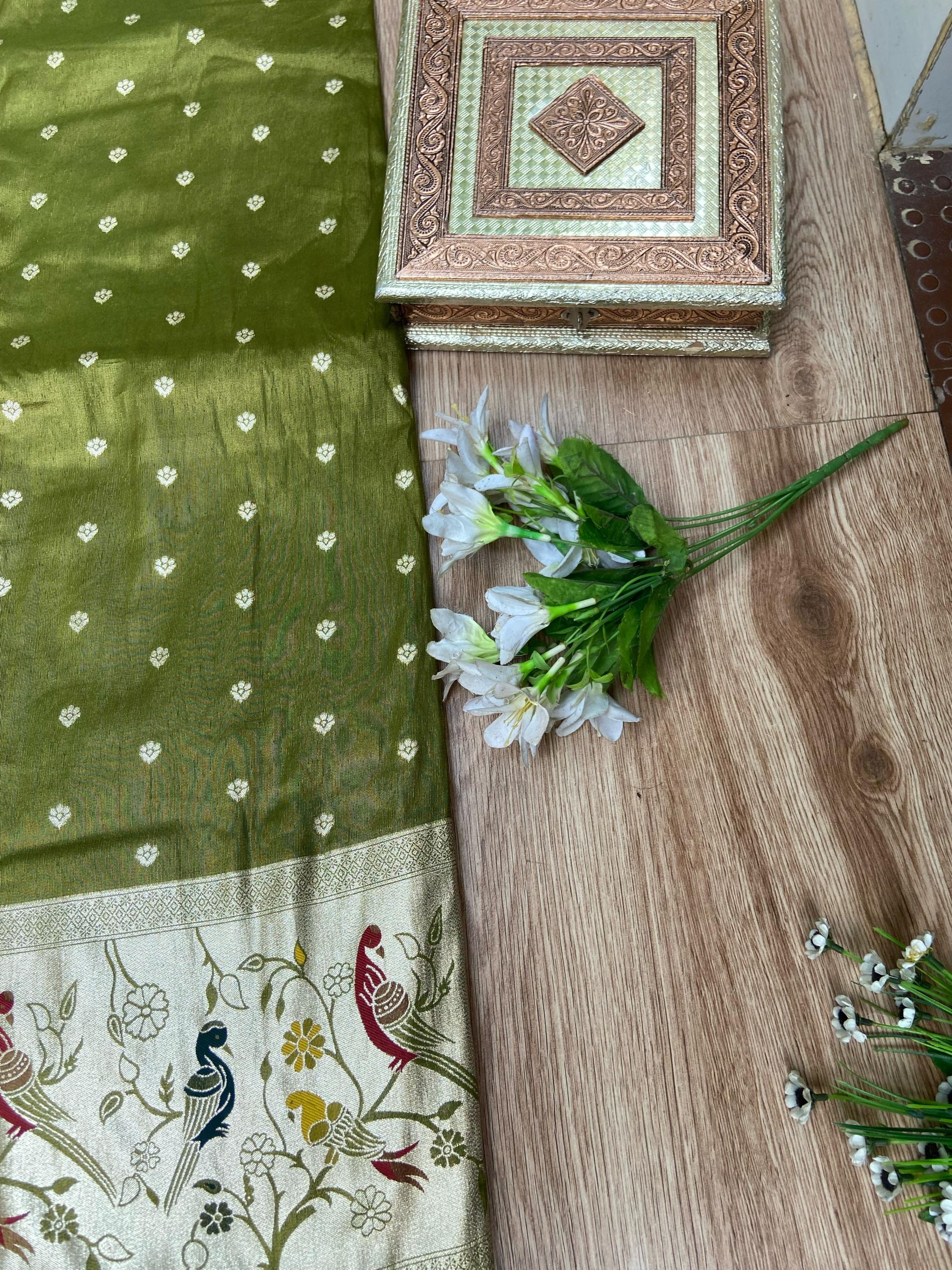 Peacock Printed Silk Lehenga In Olive Green Colour