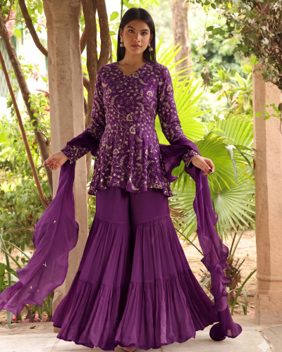 Purple Sharara Set With Ruffle Dupatta