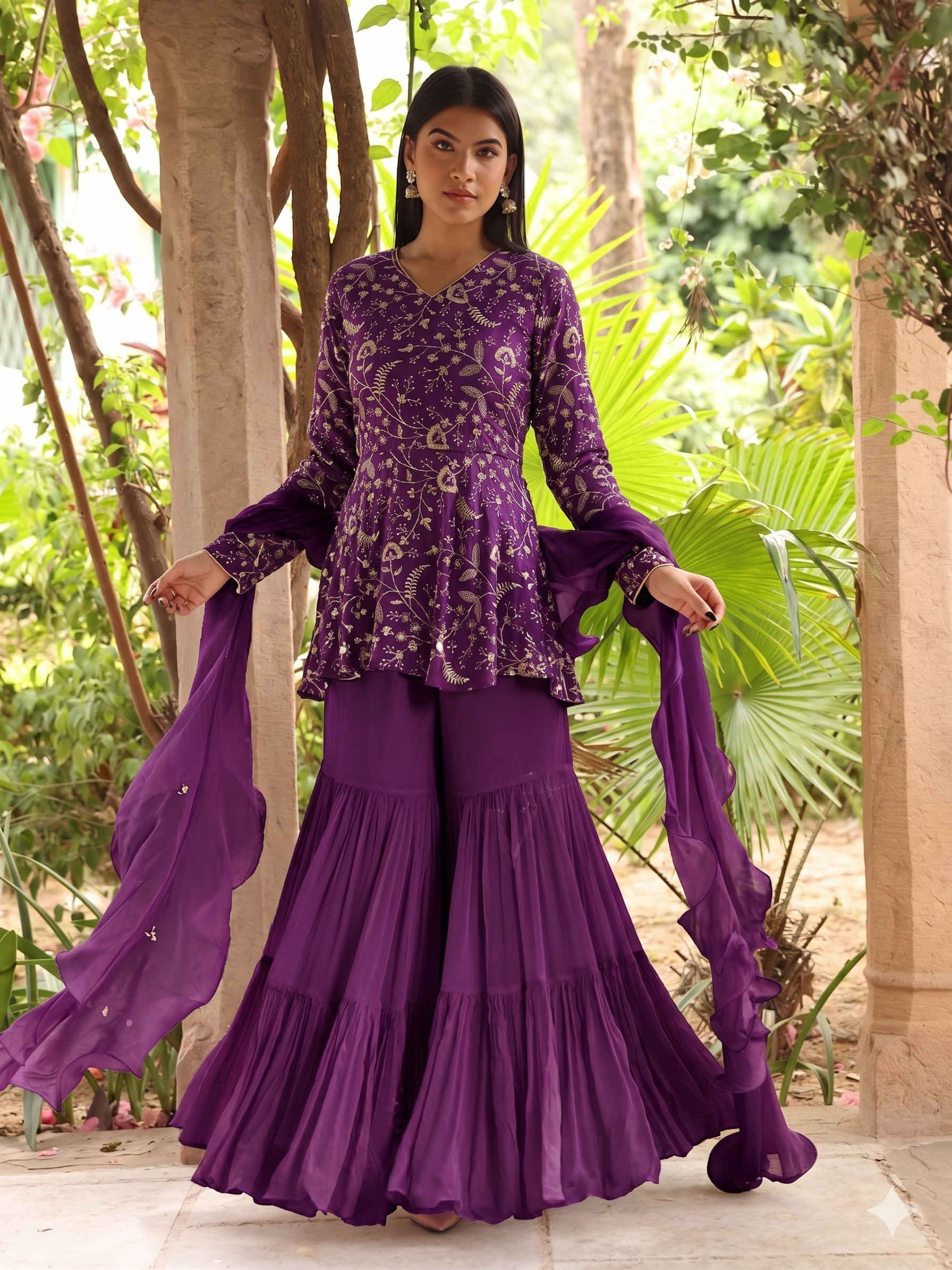 Purple Sharara Set With Ruffle Dupatta