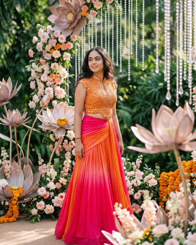 Draped Ombre Lehenga In Pink & Peach Colour