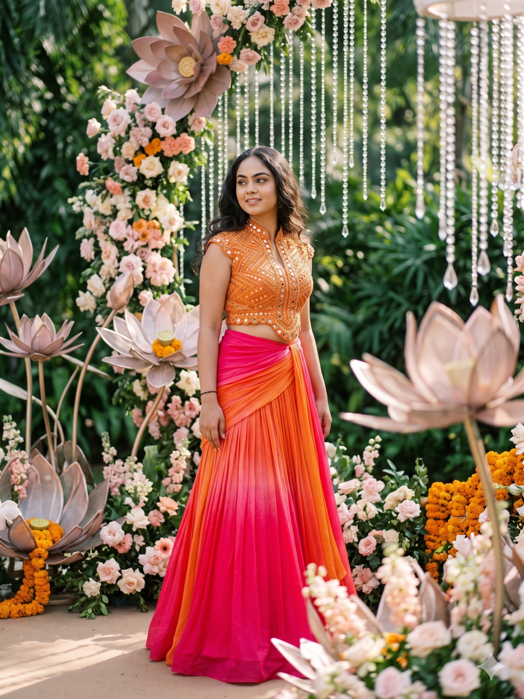 Draped Ombre Lehenga In Pink & Peach Colour
