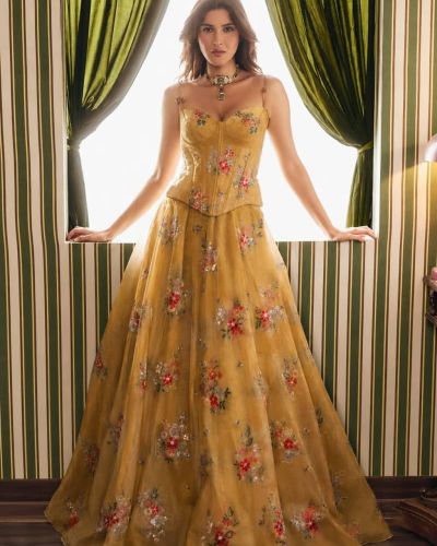 Floral Printed Embroidered Corset Lehenga In Yellow Colour