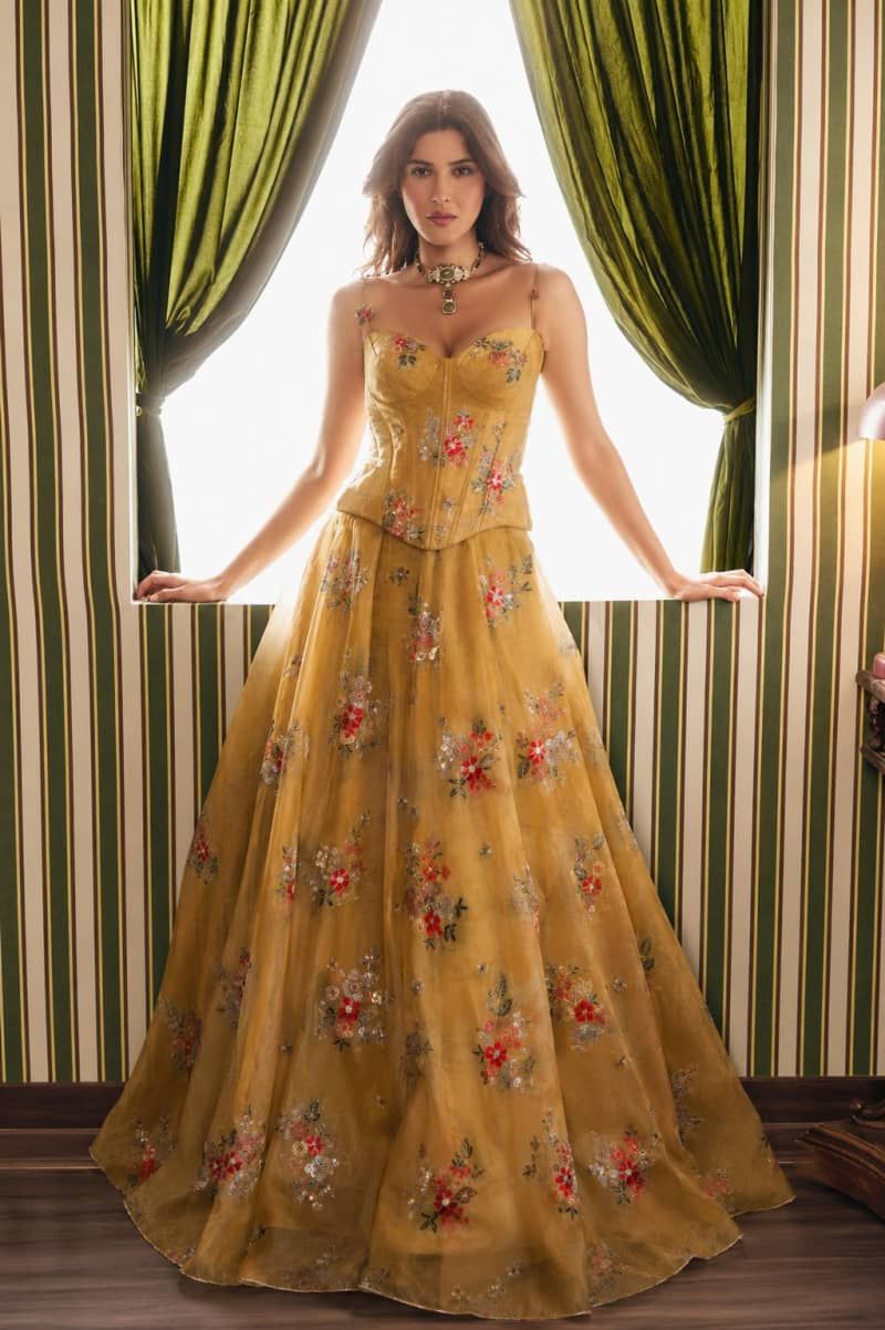 Floral Printed Embroidered Corset Lehenga In Yellow Colour