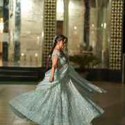 Gota And Mukesh Embroidered Powder Blue Flared Lehenga Set In Tissue Fabric
