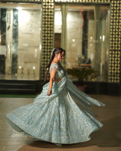 Gota And Mukesh Embroidered Powder Blue Flared Lehenga Set In Tissue Fabric