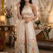 Cream Floral Kurta Set & Halter Gharara Set – Brother-Sister Twinning