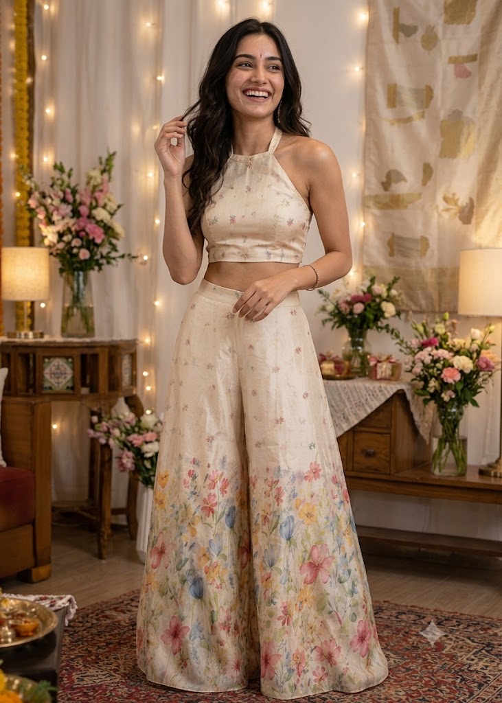 Cream Floral Kurta Set & Halter Gharara Set – Brother-Sister Twinning