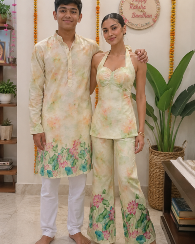 Lotus Print Kurta & Corset Palazzo Set – Brother-Sister Twinning