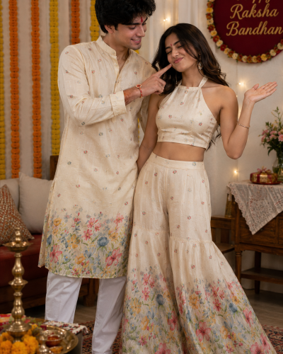 Cream Floral Kurta Set & Halter Gharara Set – Brother-Sister Twinning
