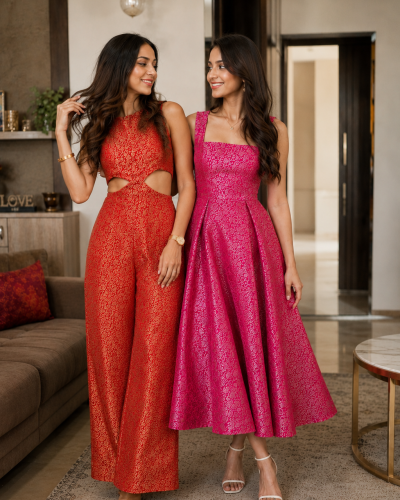 Crimson Jumpsuit & Fuchsia Midi Dress – Sister Twinning Set