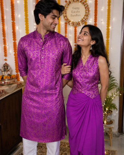 Purple Banarasi Kurta Set & Draped Skirt Set – Brother-Sister Twinning
