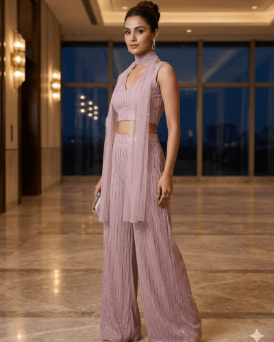 Sequin Embroidered Crop Top With Wide Leg Plazo