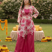 Three Piece Floral Plazo Set In Pink Colour