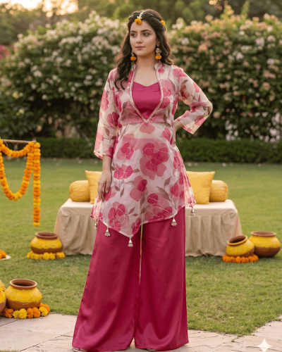 Three Piece Floral Plazo Set In Pink Colour