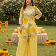 Three Piece Floral Plazo Set In Yellow Colour