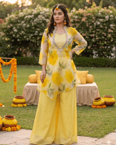 Three Piece Floral Plazo Set In Yellow Colour