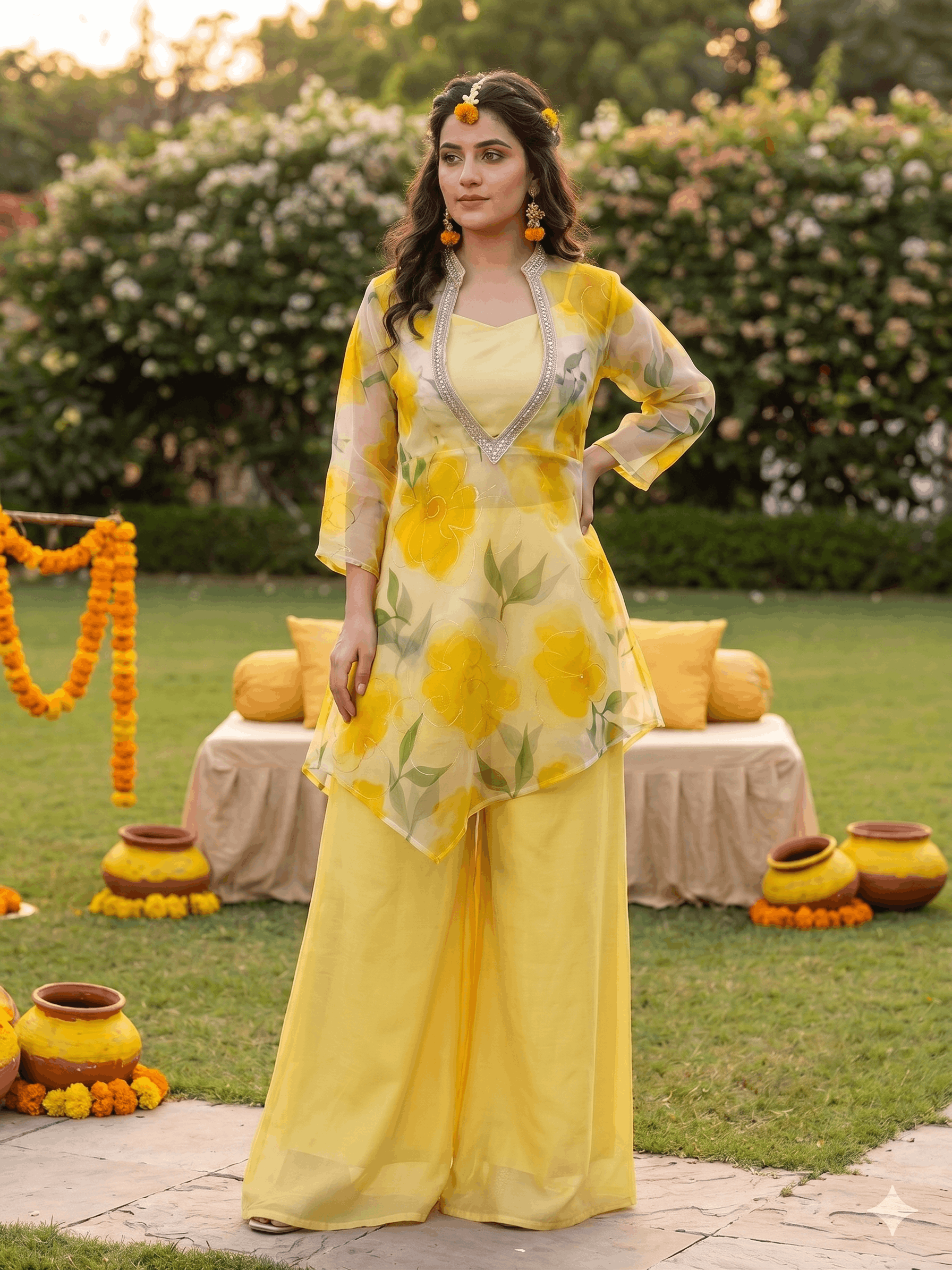Three Piece Floral Plazo Set In Yellow Colour