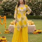 Three Piece Floral Plazo Set In Yellow Colour
