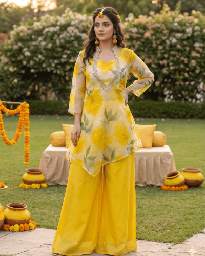 Three Piece Floral Plazo Set In Yellow Colour