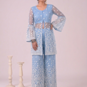Embroidered Sheer Long Jacket with Inner Crop Top & Wide Leg Palazo Set In Sky Blue Colour
