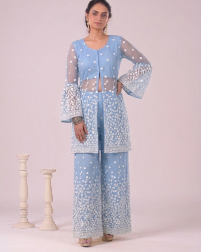Embroidered Sheer Long Jacket with Inner Crop Top & Wide Leg Palazo Set In Sky Blue Colour