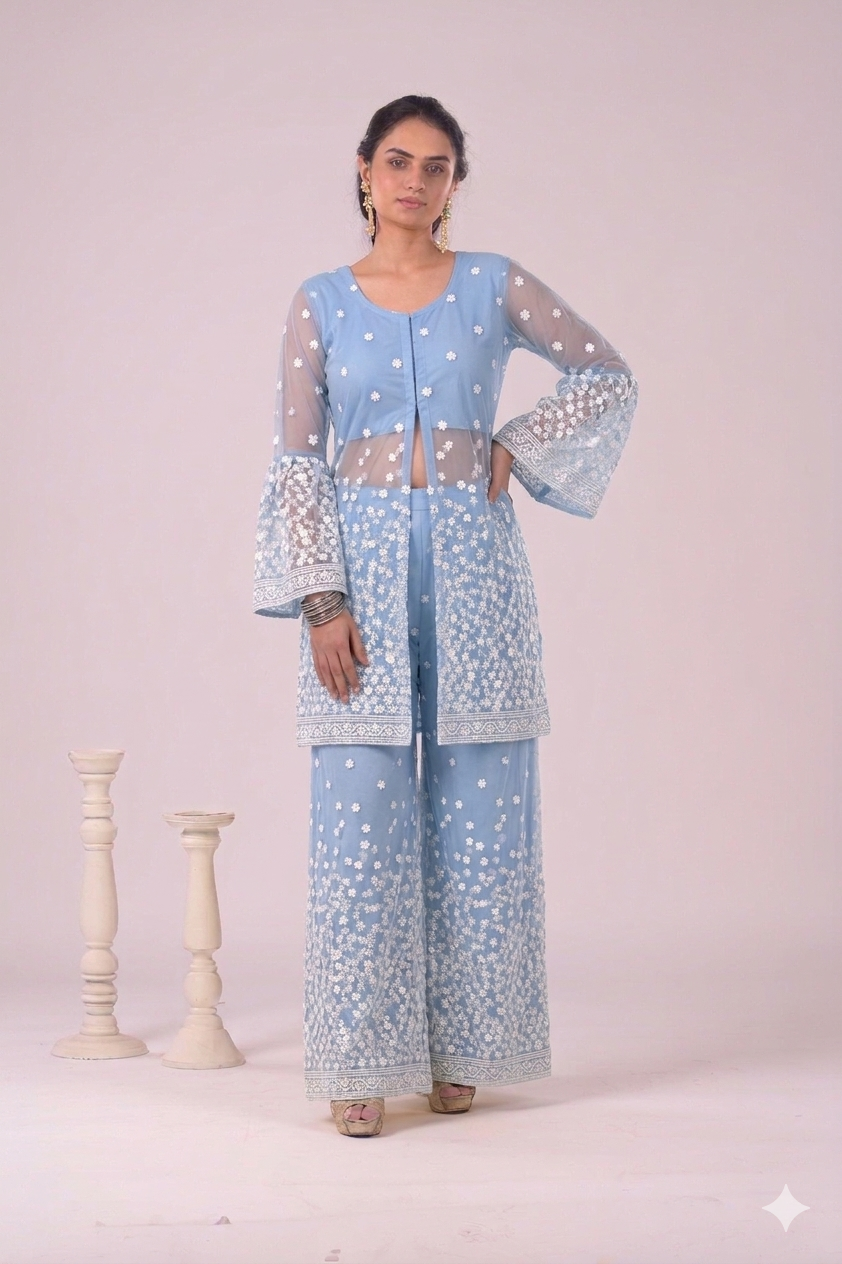 Embroidered Sheer Long Jacket with Inner Crop Top & Wide Leg Palazo Set In Sky Blue Colour