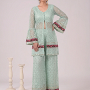 Sequin Embroidered Long Sheer Jacket With Inner Crop Top and Wide-Leg Palazo Set In Powder Blue Colour