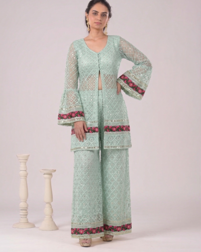 Sequin Embroidered Long Sheer Jacket With Inner Crop Top and Wide-Leg Palazo Set In Powder Blue Colour