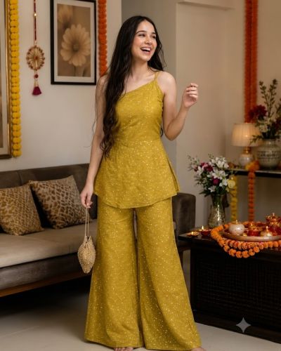 Olive Yellow Sequin One-Shoulder A-Line Tunic & Wide-Leg Trousers Set