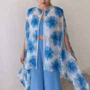 Floral Print Organza Cape With Crop Top & Wide-Leg Palazo Set in Sky Blue Colour
