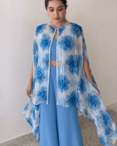 Floral Print Organza Cape With Crop Top & Wide-Leg Palazo Set in Sky Blue Colour