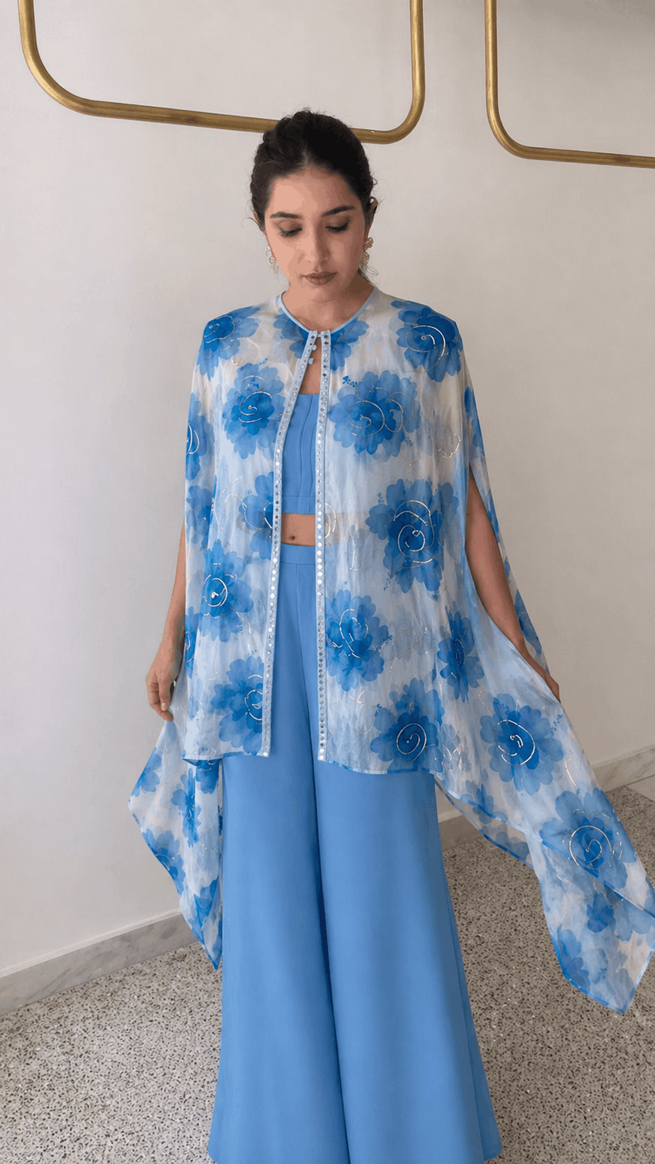 Floral Print Organza Cape With Crop Top & Wide-Leg Palazo Set in Sky Blue Colour