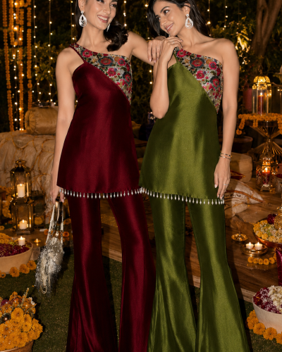 Embroidered One-Shoulder Tunic & Flared Pants – Sister Twinning