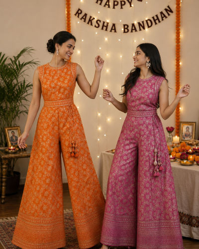 Embellished Banarasi Wide-Leg Jumpsuits – Sister Twinning