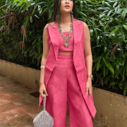 Sleeveless Lapel Long Jacket Co-ord Set In Bright Pink Colour