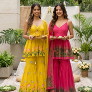 Sun-Kissed Yellow & Rani Pink Peplum Top & Gharara – Sister Twinning Edit