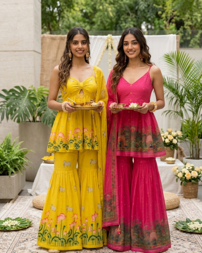 Sun-Kissed Yellow & Rani Pink Peplum Top & Gharara – Sister Twinning Edit