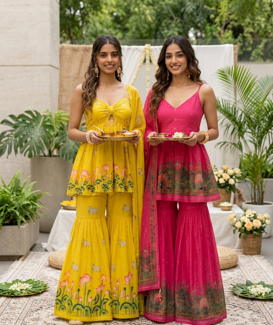 Sun-Kissed Yellow & Rani Pink Peplum Top & Gharara – Sister Twinning Edit