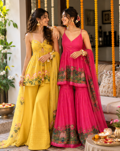 Sun-Kissed Yellow & Rani Pink Peplum Top & Gharara – Sister Twinning Edit