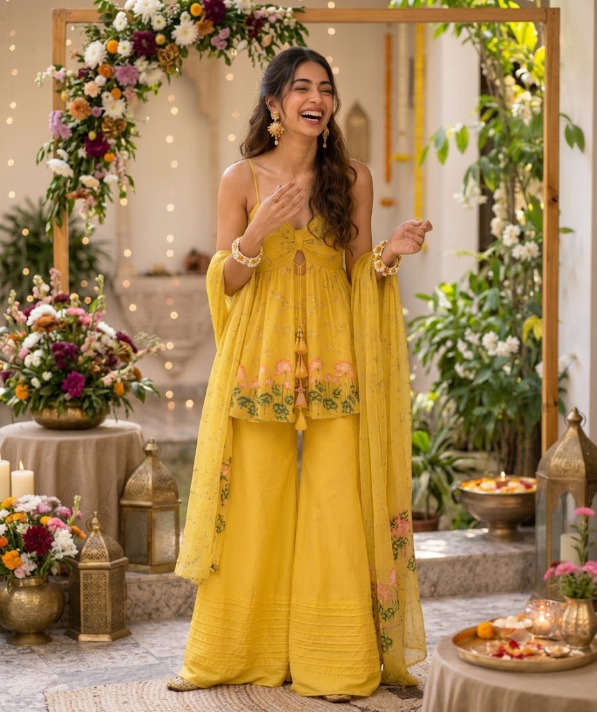 Sun-Kissed Yellow & Rani Pink Peplum Top & Gharara – Sister Twinning Edit