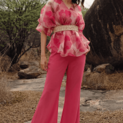 Floral Printed Organza Belted Top With Flared Palazo